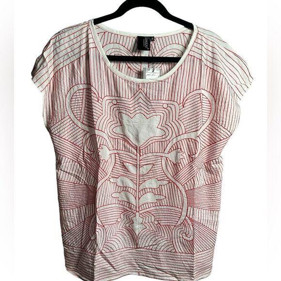 NWat Sakkas Women’s White Cap Sleeve Blouse Top Red Embroidery Design - Size L - Picture 2 of 8